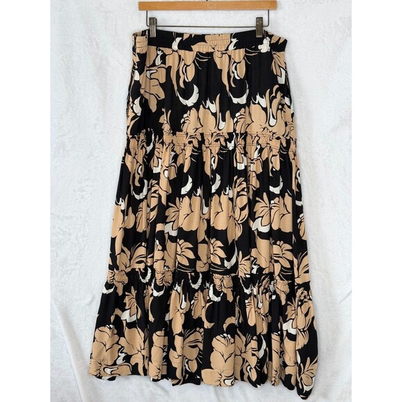 Soft Surroundings Halona Maxi Skirt Large Black/Beige Floral Tiered Boho Chic - Picture 10 of 16